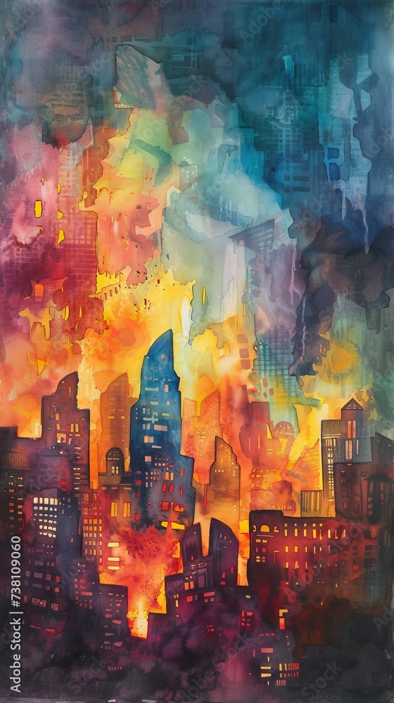 Watercolor depiction of an abstract distorted cityscape