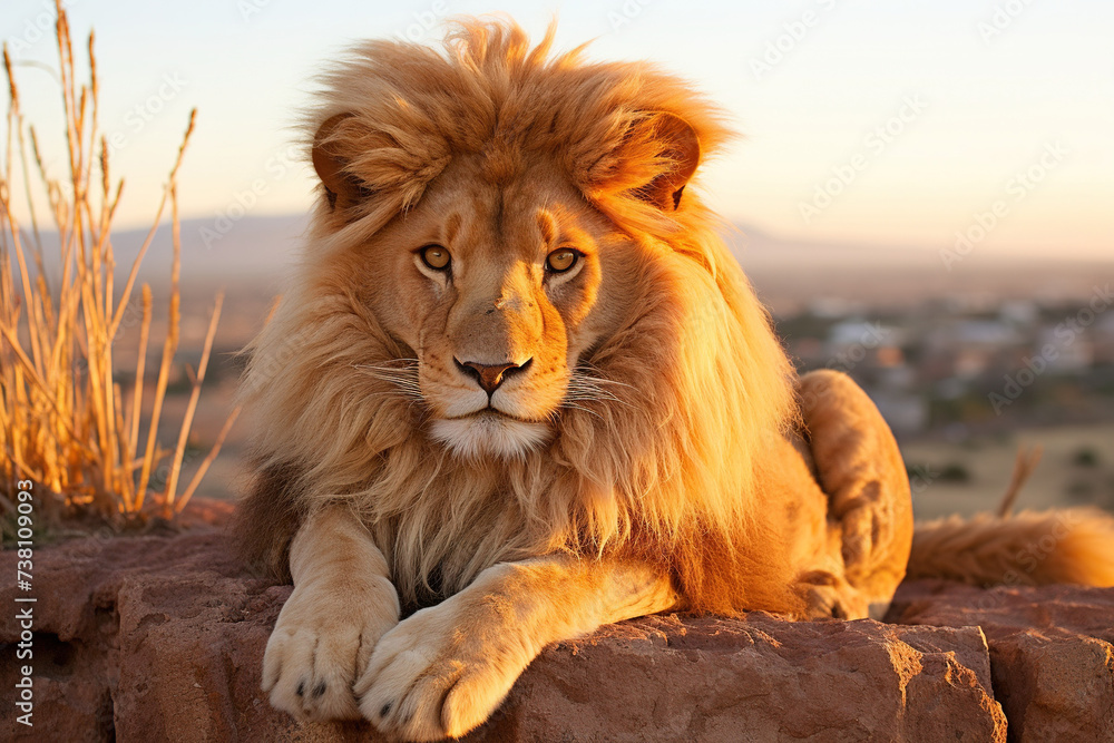 Majestic lion resting on a rocky outcrop at sunset in the African savannah.