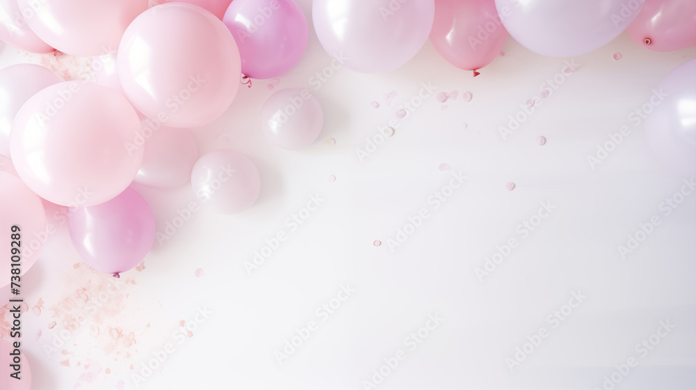 Urodzinowe minimalistyczne różowe tło na życzenia lub metryczkę z balonami i dekoracjami - narodziny dziecka - dziewczynki - obrazy, fototapety, plakaty 