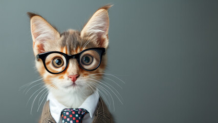 funny cat in a tie, glasses on a gray background. animal with glasses look at the camera. An unusual moment full of fun and fashion consciousness. Business through the eyes of animals