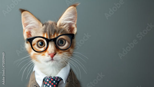 funny cat in a tie, glasses on a gray background. animal with glasses look at the camera. An unusual moment full of fun and fashion consciousness. Business through the eyes of animals