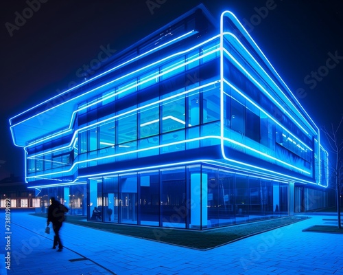 High tech night school illuminated by neon blue lights photo