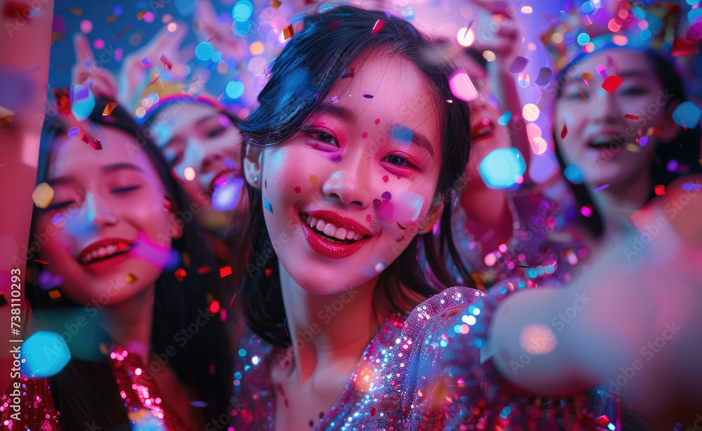 beautiful Asian women at a disco party with light and color