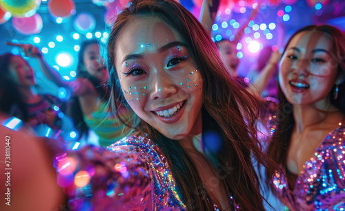 beautiful Asian women at a disco party with light and color