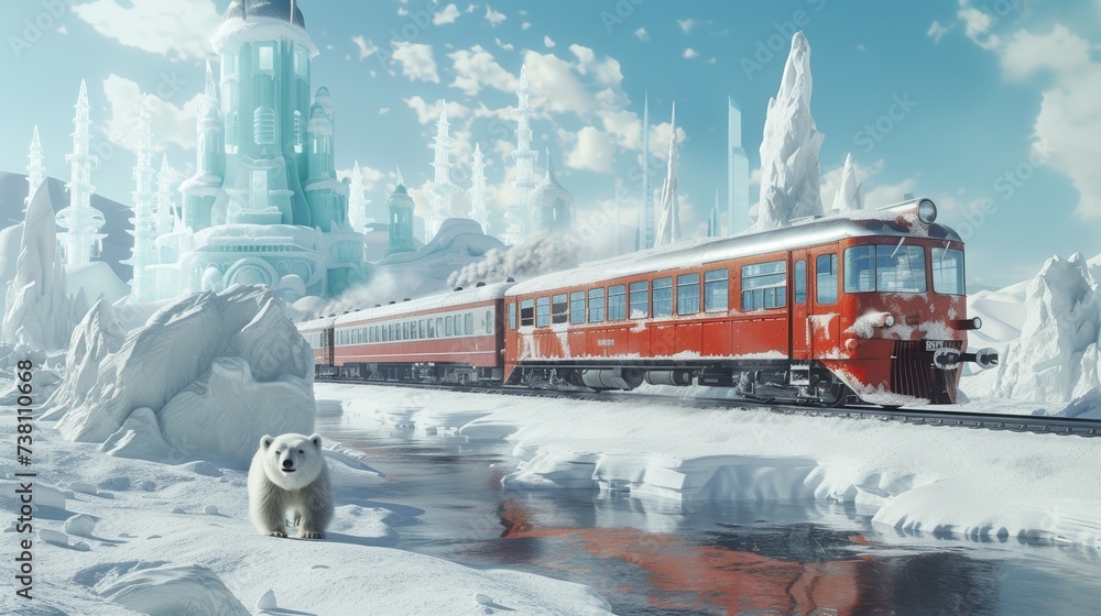 A vintage train crossing a frozen tundra with polar bears and ice castles in the cold North Pole background - obrazy, fototapety, plakaty 
