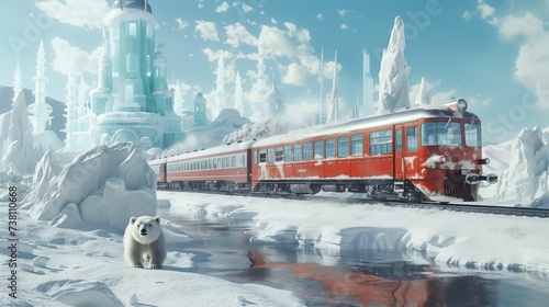 A vintage train crossing a frozen tundra with polar bears and ice castles in the cold North Pole background photo