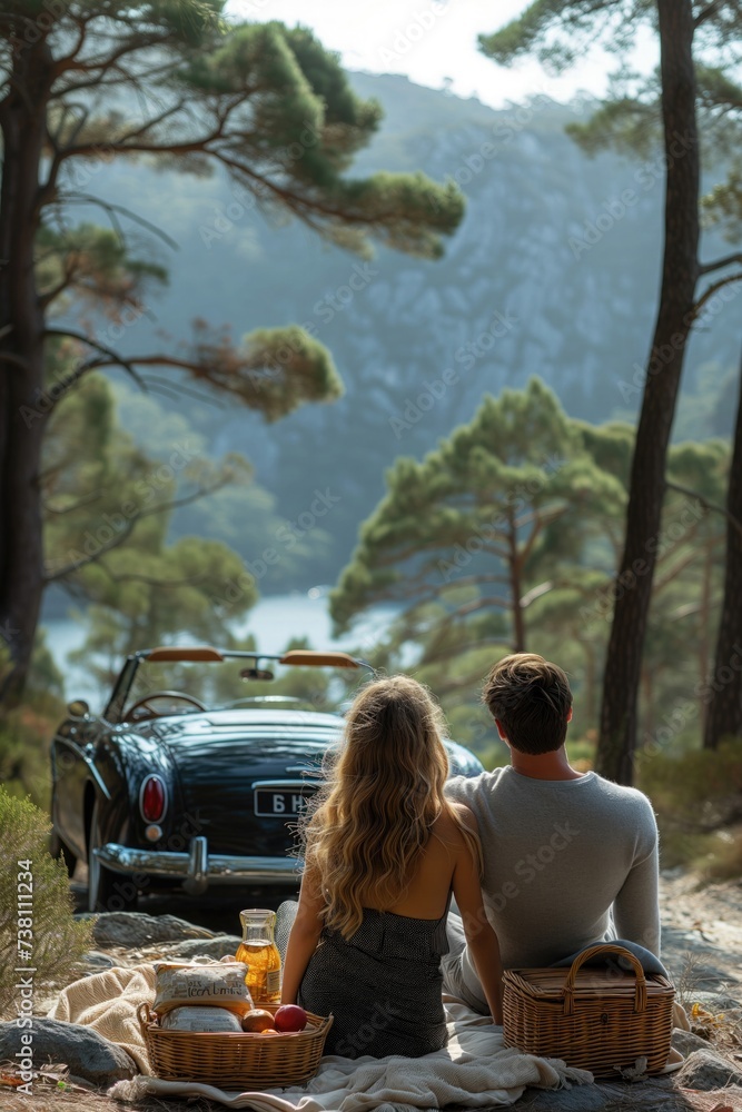 Picnic in the Countryside: pair pack a picnic basket and drive to the countryside in their convertible, finding a secluded spot to enjoy a romantic picnic surrounded by nature

