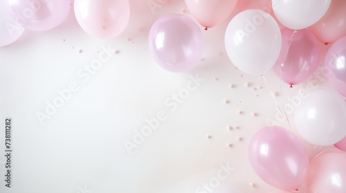 Urodzinowe minimalistyczne różowy tło na życzenia lub metryczkę z balonami i dekoracjami - narodziny dziecka - dziewczynki