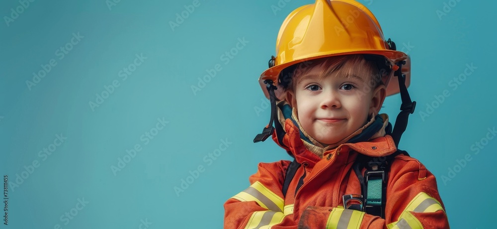 kid firefighters isolated on blue background, kid firefighters play role-playing kid firefighters isolated on blue background, kid firefighters play role-playing