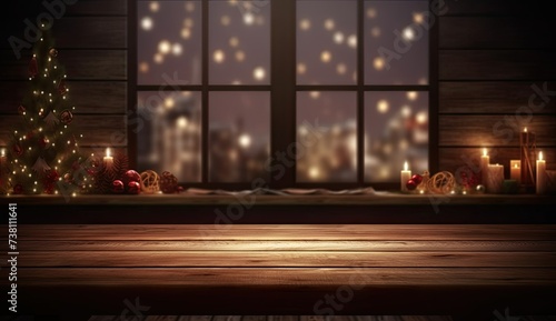 Christmas themed wooden table with Christmas lights and lights