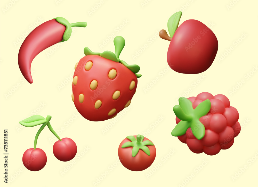 Apple, raspberry, hot pepper, cherry, strawberry, tomato in 3D style Apple, raspberry, hot pepper, cherry, strawberry, tomato in 3D style