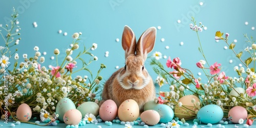 easter bunny and easter eggs on a meadow on blue background 