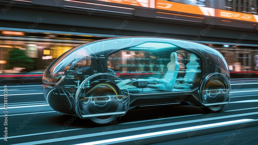 Futuristic Autonomous Vehicle, Conceptual design of a self-driving car with transparent displays and augmented reality for an immersive passenger experience