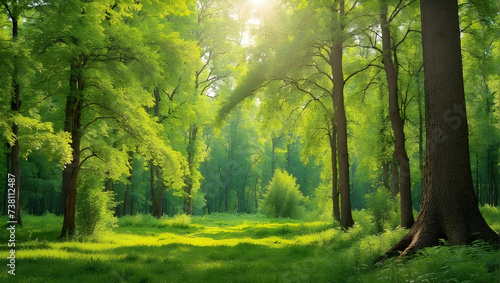 Green forest background in sunny day