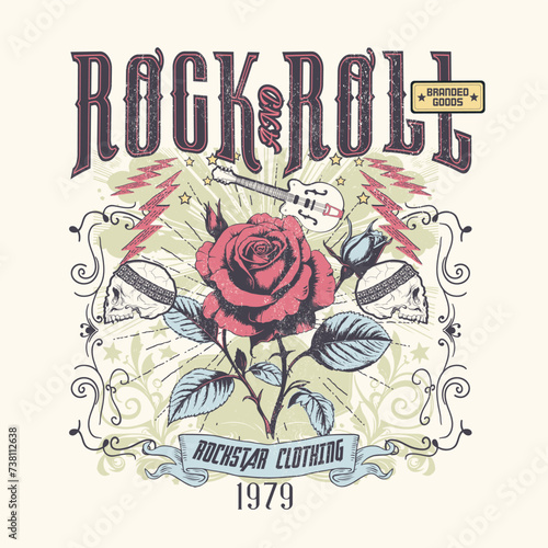 Rock tour. Rock and roll tour t shirt print design. Rose flower graphic illustration. Music poster.