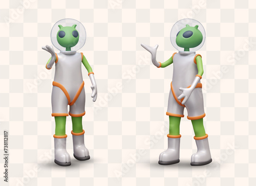 Green humanoid is gesturing. Aliens in spacesuit shows something