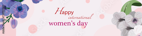 Long Horizontal Floral Banner with Purple and White Orchids. Happy Women's Day.