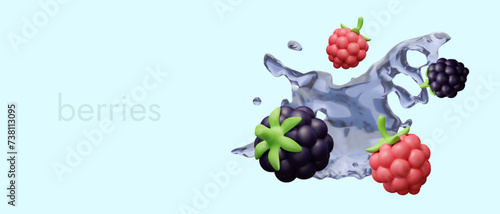 Realistic blackberry, raspberry, splash of clean water. Horizontal concept with color illustration