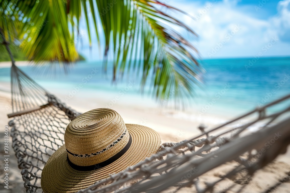 a single hammock with a straw hat on it, a green palm leaf on the top left corner, with a sandy beach and calm blue sea in the background, conveying a peaceful and relaxing tropical a single hammock with a straw hat on it, a green palm leaf on the top left corner, with a sandy beach and calm blue sea in the background, conveying a peaceful and relaxing tropical