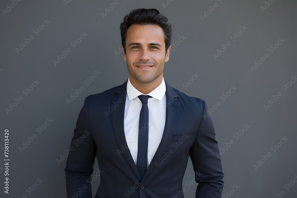 Friendly Brunette Man in Formal Attire with Hands in Pockets. Friendly Brunette Man in Formal Attire with Hands in Pockets.
