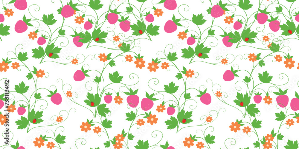 Seamless background of decorative twigs ripe strawberry with tendrils, leaves,flowers and ladybirds, vector pattern for textile, wallpaper Seamless background of decorative twigs ripe strawberry with tendrils, leaves,flowers and ladybirds, vector pattern for textile, wallpaper