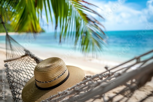 a single hammock with a straw hat on it, a green palm leaf on the top left corner, with a sandy beach and calm blue sea in the background, conveying a peaceful and relaxing tropical 