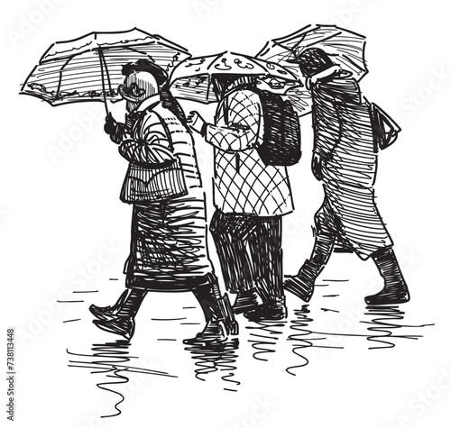 Hand drawing of side view casual city dwellers under umbrellas walking down urban street in raining, black and white vector illustration isolated on white