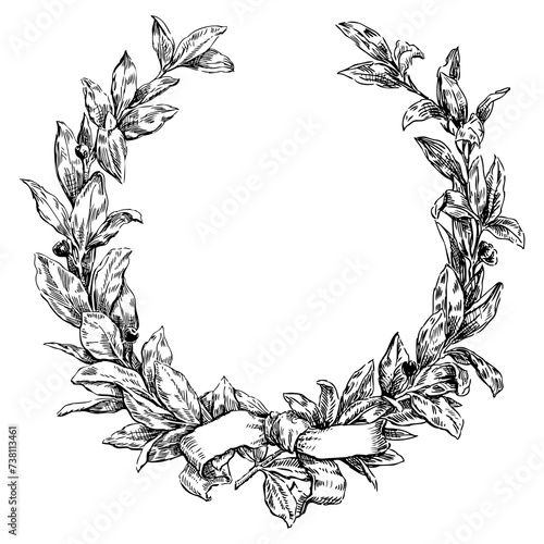 Hand drawing of laurel wreath with ribbon, black and white vector illustration isolated on white