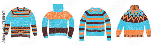 Hand drawings of collection various knitted wool warm sweaters for cold weather, vector illustration isolated on white