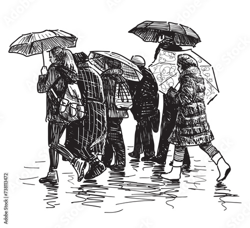 Hand drawing of side view casual urban dwellers under umbrellas walking down city street in raining, black and white vector illustration isolated on white