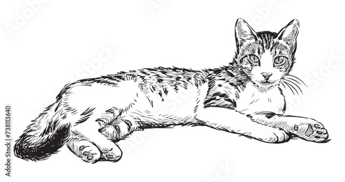Sketch of cute young domestic cat lying and looking, black and white hand drawing isolated on white