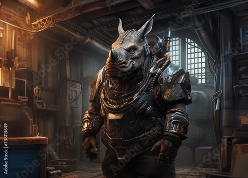 Steampunk rhino standing inside a room with industrial equipment