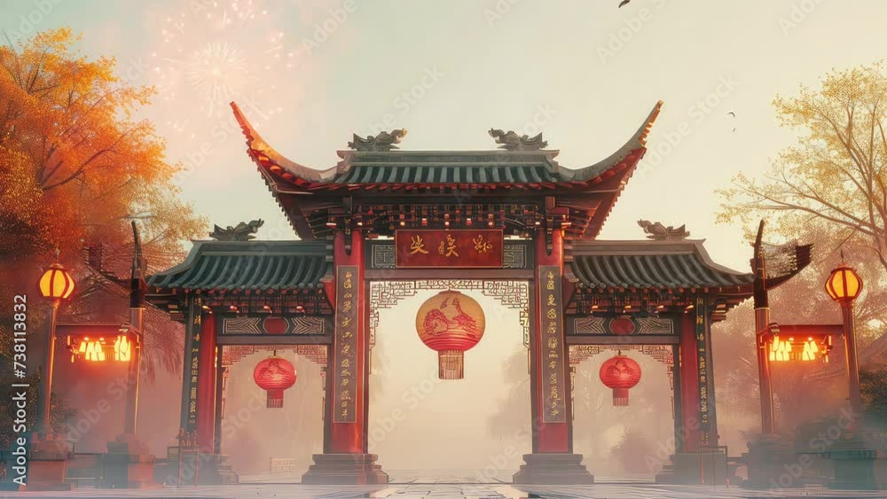 Animation chinese new year celebrations on the chinese temple 4k video background. generated with ai Animation chinese new year celebrations on the chinese temple 4k video background. generated with ai