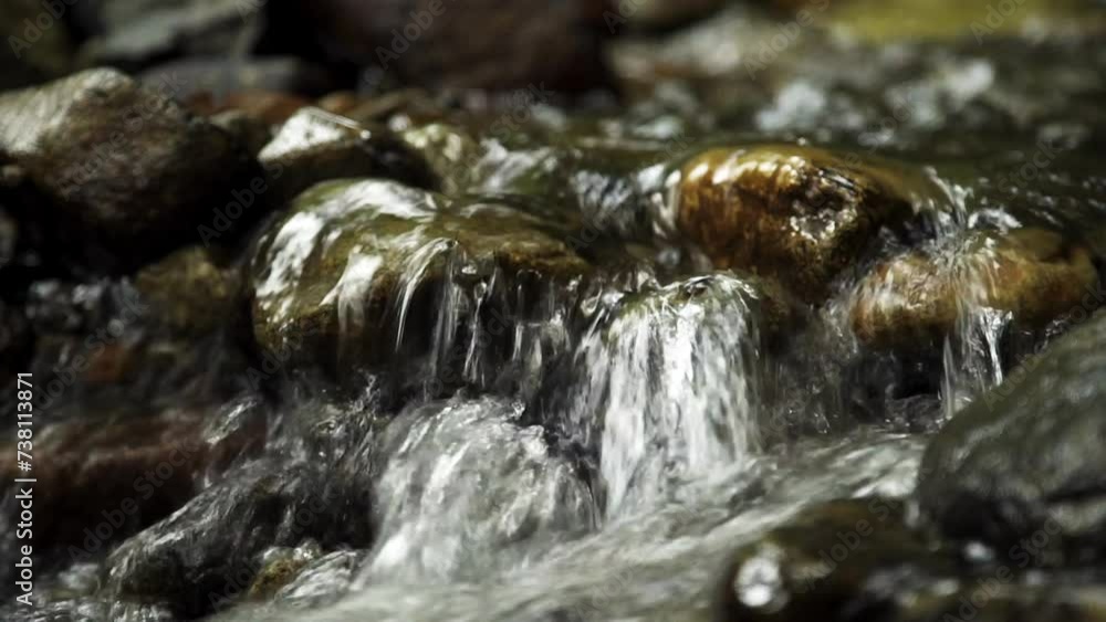 River water meanders between small rocks in a tropical forest, its gentle gurgle echoing through the woods. River water meanders between small rocks in a tropical forest, its gentle gurgle echoing through the woods.
