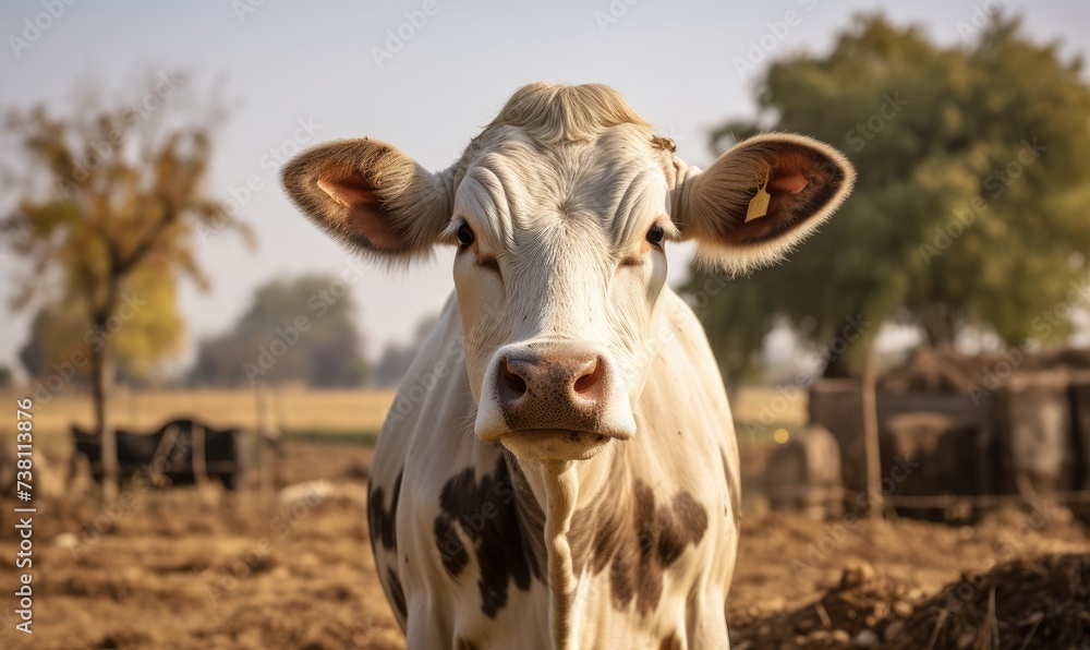 Brown and White Cow Standing on Dry Grass Field