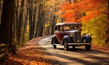 Vintage Car Driving on Wooded Road