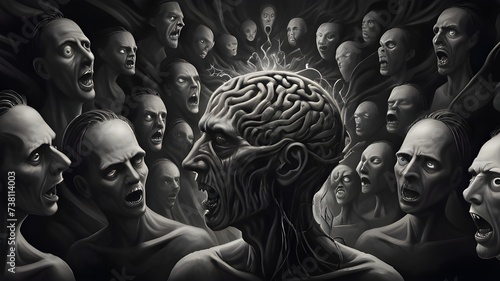 represent people suffering from auditory hallucinations, A human head with many imagination people , dark illustration, mental health concept photo