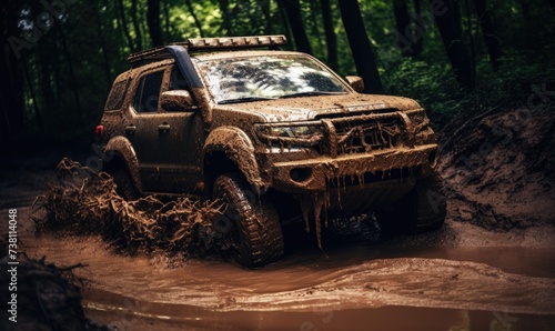 Truck Driving Through Mud in the Woods