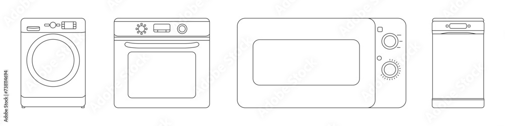 Household appliances line vector set. Microwave, oven, dishwasher, washing machine vector set of electrical appliances for home. Household electrical appliances vector. Household appliances line vector set. Microwave, oven, dishwasher, washing machine vector set of electrical appliances for home. Household electrical appliances vector.