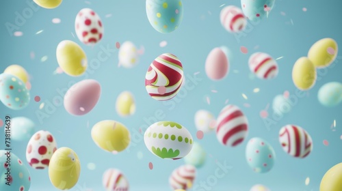 Decorated Easter eggs in mid-air, floating with confetti against a soft blue background