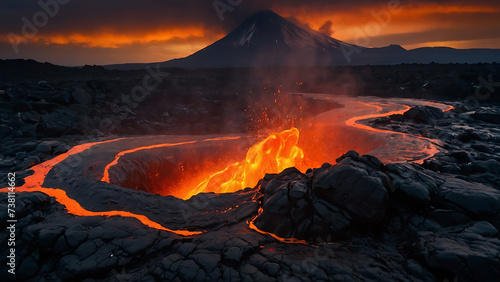 Magma lava, volcano landscape with fire, smoke, and the natural environment under the cloak of darkness