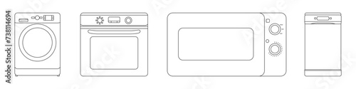 Household appliances line vector set. Microwave, oven, dishwasher, washing machine vector set of electrical appliances for home. Household electrical appliances vector.
