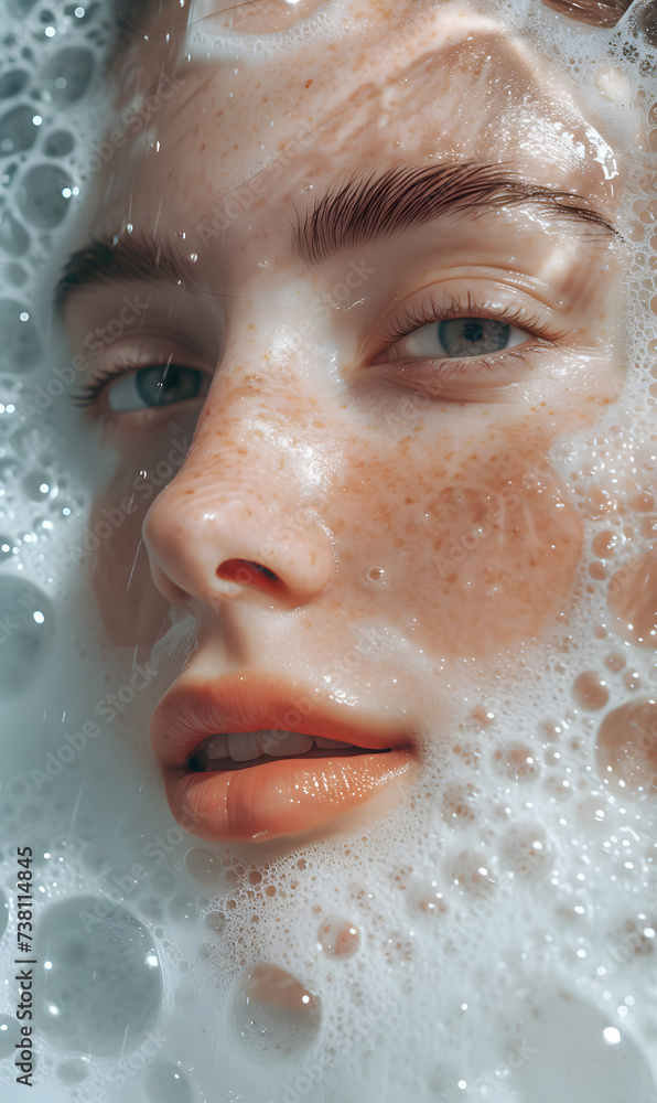 Beautiful Model Woman with splashes of water and soap. Beautiful Smiling girl under splash of water with fresh skin over water background. Skin care, Cleansing and moisturizing concept. Beauty face