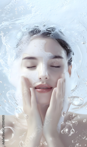 Beautiful Model Woman with splashes of water and soap. Beautiful Smiling girl under splash of water with fresh skin over water background. Skin care, Cleansing and moisturizing concept. Beauty face