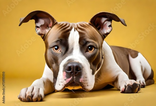 english bulldog puppy with yellow plain background, pets animals