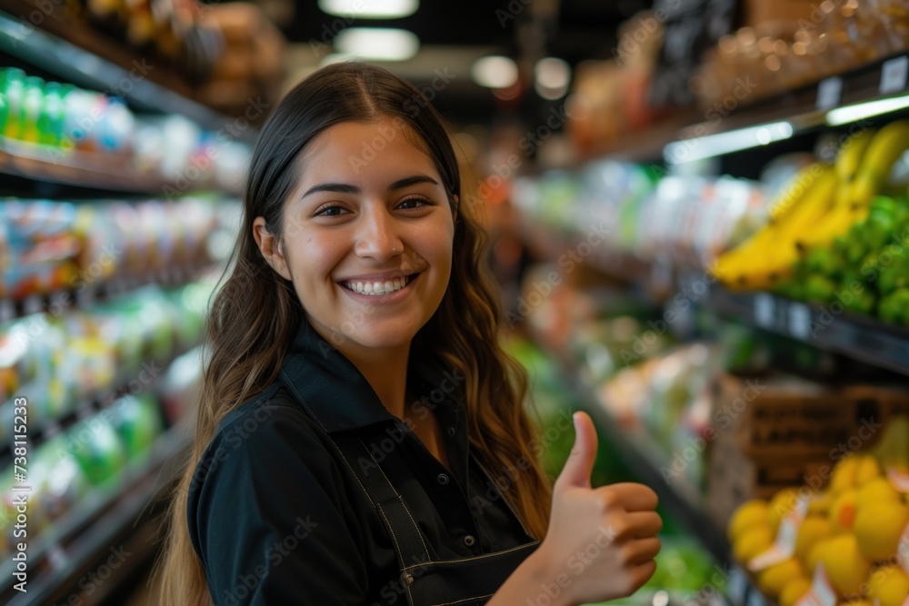 Portrait of A female supermarket employee Thumbs up and smiles looking at the camera with a happy expression on the service