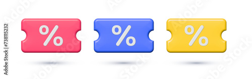 3D discount coupon voucher with percent sign. Special offer, seasonal sale, deal sticker, gift card, lucky ticket. Promotion design elements illustration set isolated on white background.