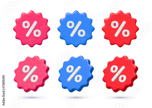 3d discount, sale icon with percentage sign. Price tag template set. Special offer, seasonal deal, sticker collection. Circle badge promotion coupon. Isometric design elements isolated on white.
