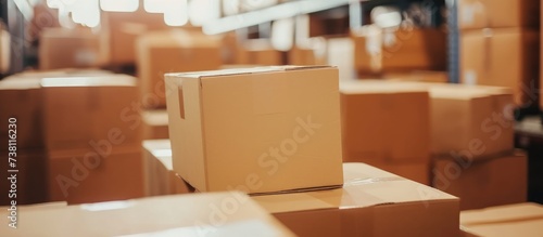 Distribution or shipping box, stock check for small business owner, delivery from supplier, e-commerce logistics.