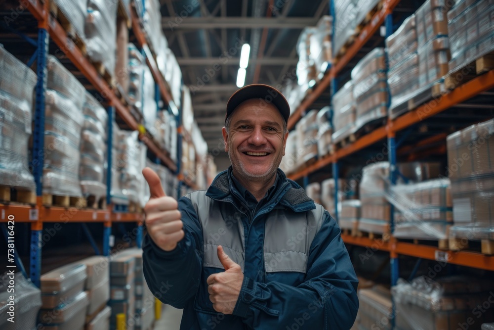 A male supervisor stands in warehouse with thumbs up and smiles looking at the camera with a happy with thumbs up satisfied with the sales A male supervisor stands in warehouse with thumbs up and smiles looking at the camera with a happy with thumbs up satisfied with the sales